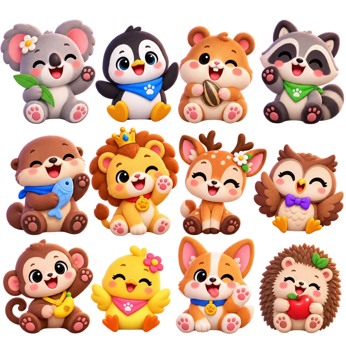 A collection of cheerful Paw Pairs animal friends including cat, panda, bunny, fox, frog, bear, kitten, puppy, and beach companions