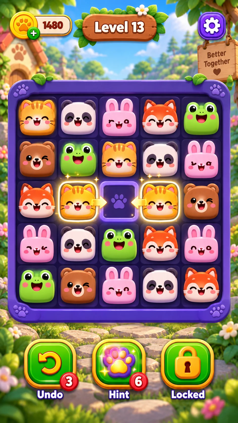 Paw Pairs level 13 gameplay screen with animal grid and boosters