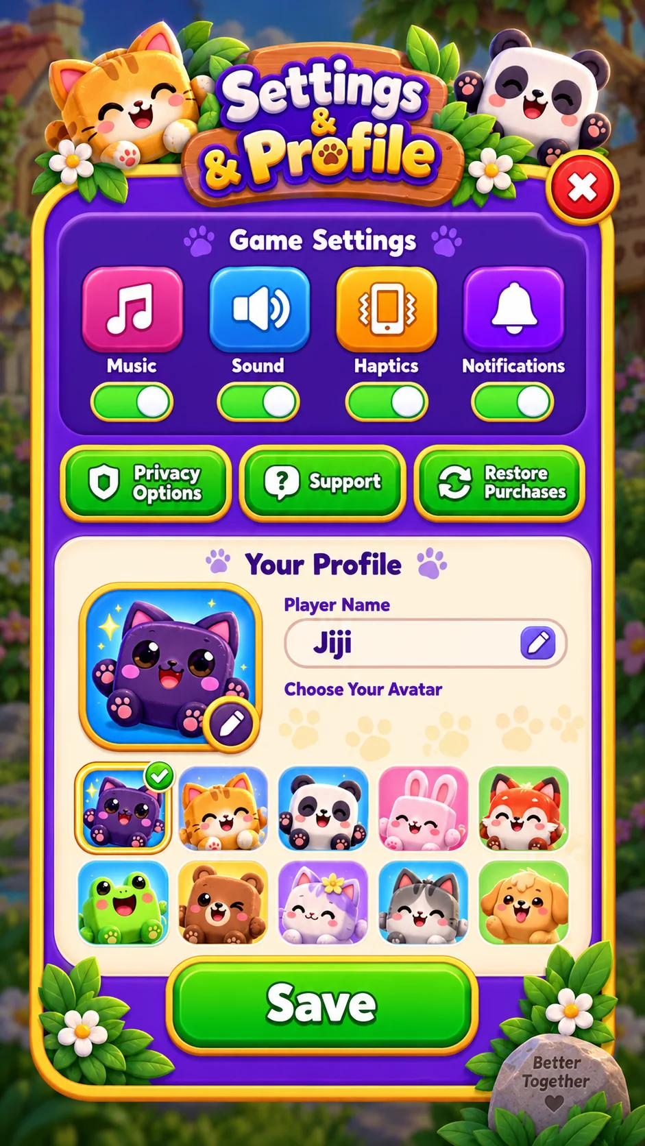 Paw Pairs settings and profile screen with avatar selection