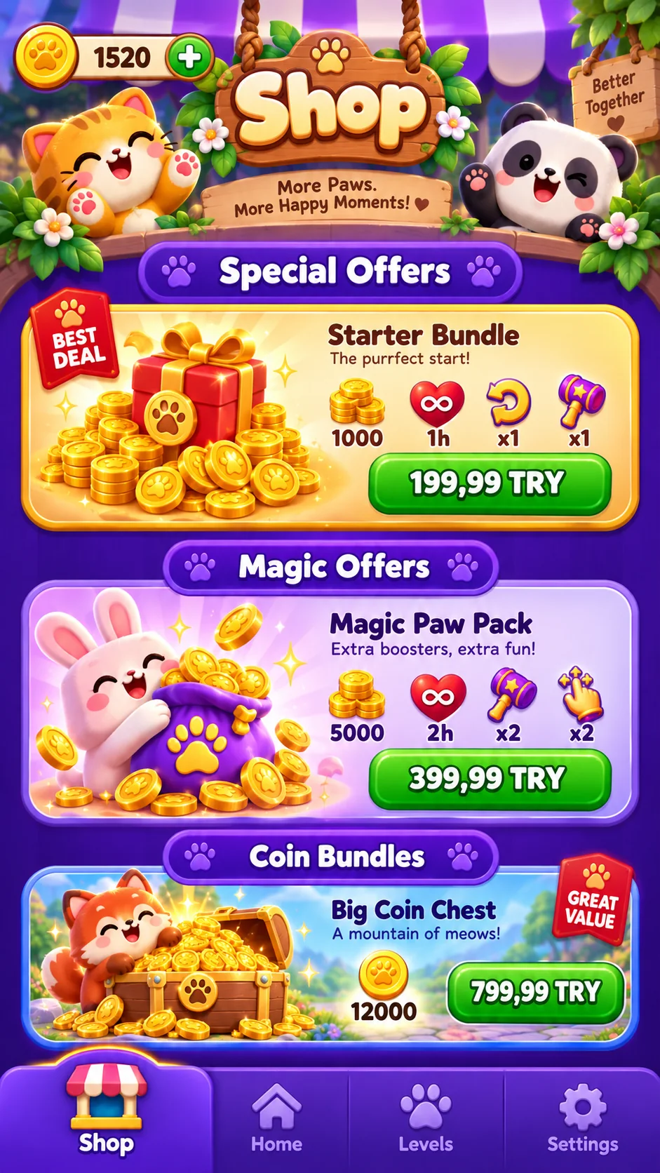 Paw Pairs shop screen with bundles and booster offers
